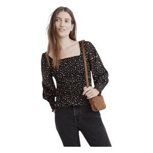 Madewell Lucie Smocked Georgette Blouse Black Floral Print Bubble Long Sleeve S